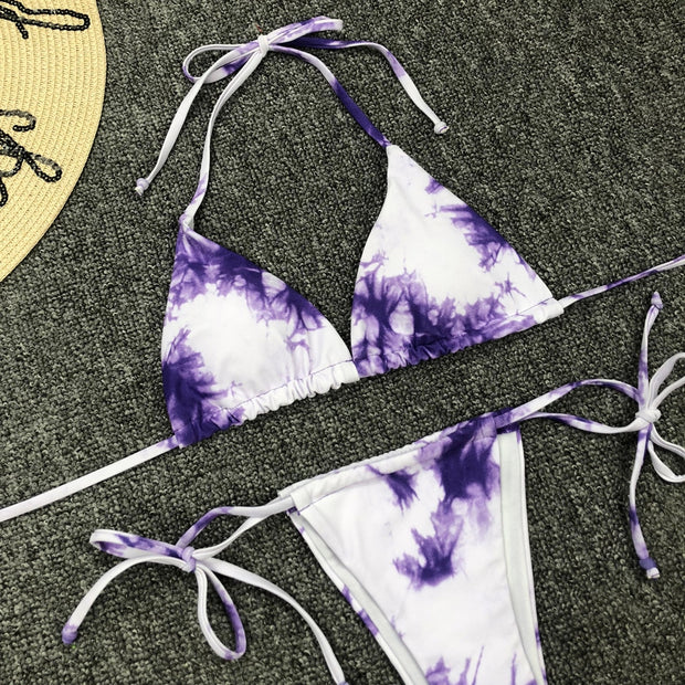 Women's Sexy Tie-dye Swimwear w/Thong Push-up Padded Bra