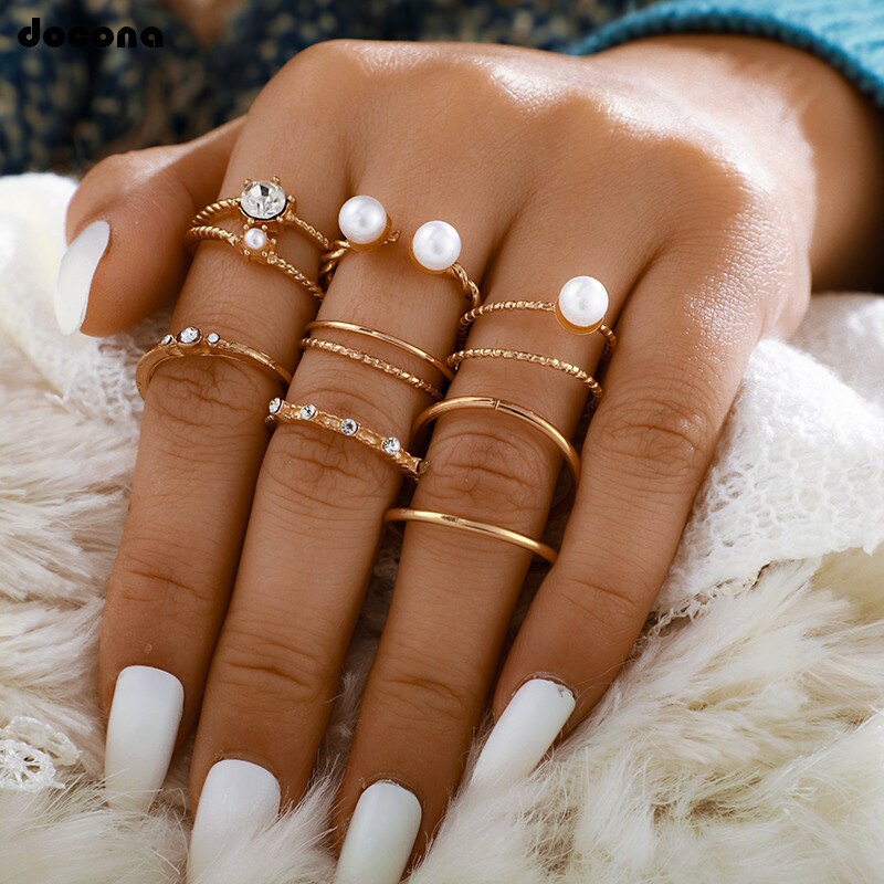 Trendy Gold Pearl Crystal Geometric Ring Set