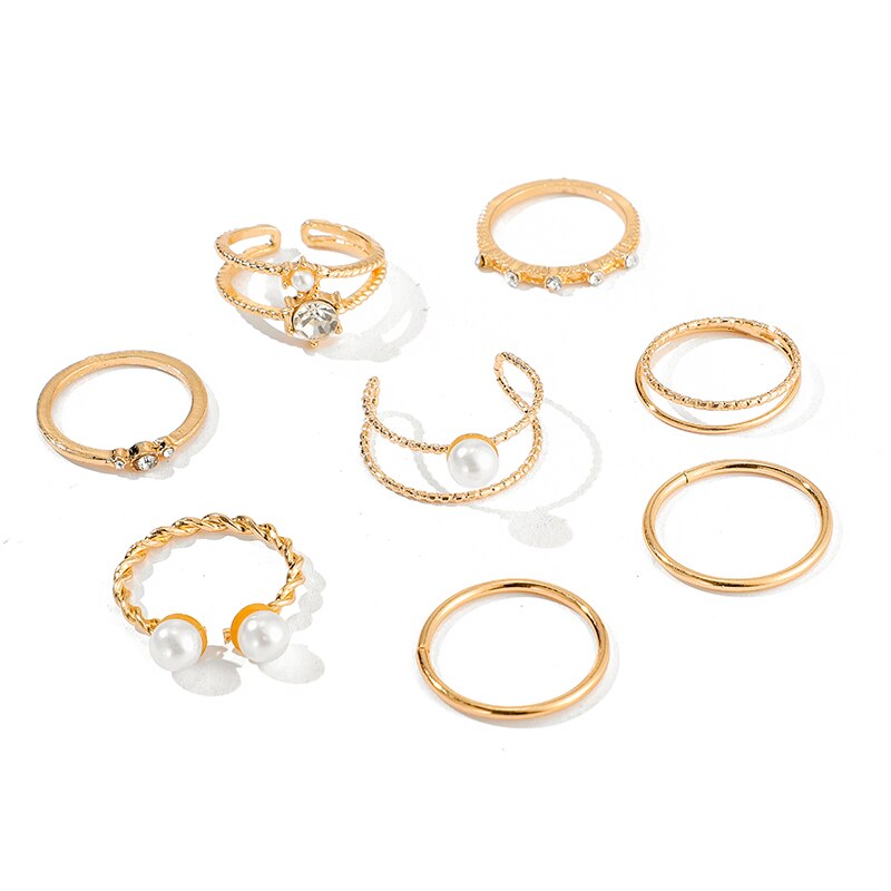 Trendy Gold Pearl Crystal Geometric Ring Set