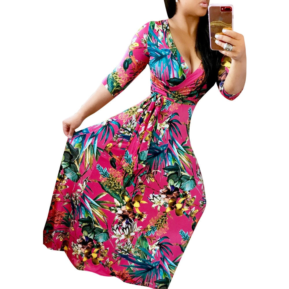 Women's Sexy V-Neck Seven-Sleeve Polyester Dress